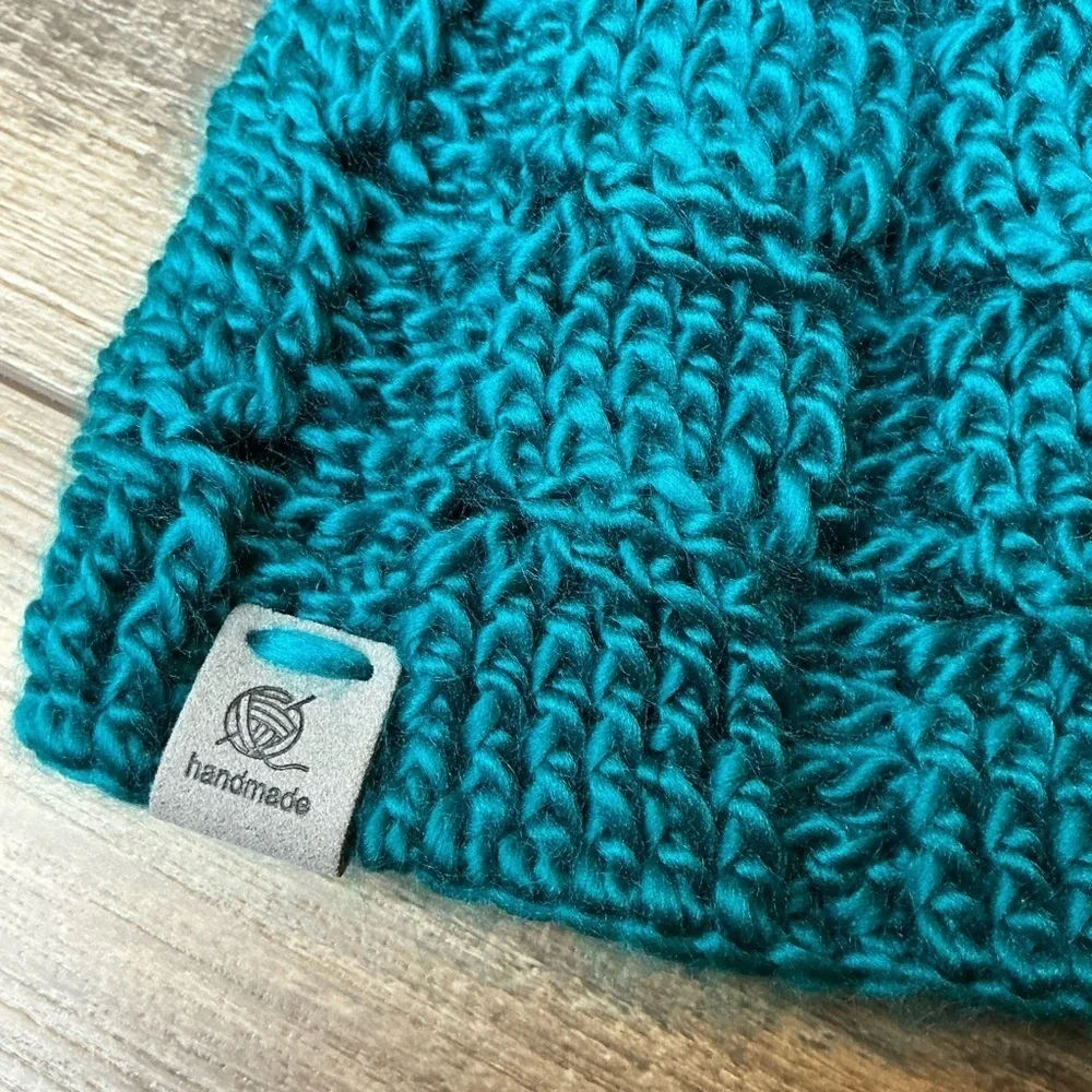 Cable Knit Crochet Beanie Hat Handcrafted With Faux Fur Pom Handmade Teal